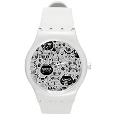 Black Outline Cat Heads Round Plastic Sport Watch (m) by crcustomgifts