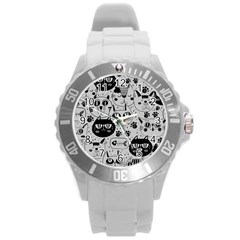 Black Outline Cat Heads Round Plastic Sport Watch (l) by crcustomgifts