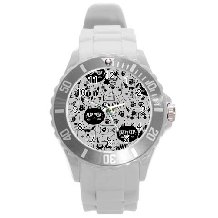 Black Outline Cat Heads Round Plastic Sport Watch (L)