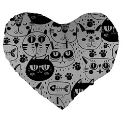 Black Outline Cat Heads Large 19  Premium Heart Shape Cushions by crcustomgifts