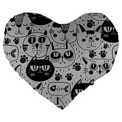 Black Outline Cat Heads Large 19  Premium Flano Heart Shape Cushions by crcustomgifts