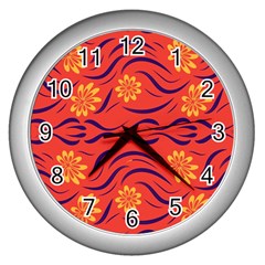 Folk Flowers Print Floral Pattern Ethnic Art Wall Clock (silver)