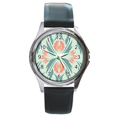 Folk Flowers Print Floral Pattern Ethnic Art Round Metal Watch by Eskimos