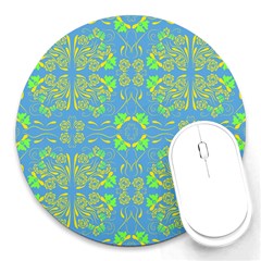 Floral Folk Damask Pattern Fantasy Flowers  Round Mousepads by Eskimos