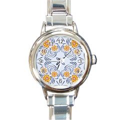 Floral Folk Damask Pattern Fantasy Flowers  Round Italian Charm Watch by Eskimos