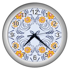 Floral Folk Damask Pattern Fantasy Flowers  Wall Clock (silver) by Eskimos