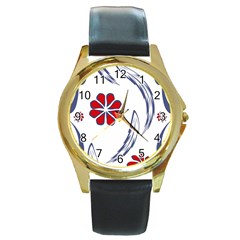 Folk Flowers Print Floral Pattern Ethnic Art Round Gold Metal Watch by Eskimos