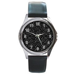 Pixel Grid Dark Black And White Pattern Round Metal Watch by dflcprintsclothing