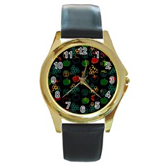 Apples Honey Honeycombs Pattern Round Gold Metal Watch