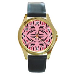 Floral Folk Damask Pattern  Round Gold Metal Watch by Eskimos