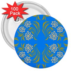 Floral Folk Damask Pattern  3  Buttons (100 Pack)  by Eskimos