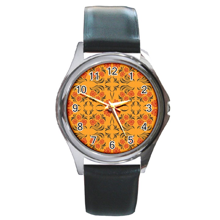 Floral folk damask pattern  Round Metal Watch