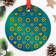 Yellow And Blue Proud Blooming Flowers Ornament (round) by pepitasart