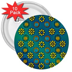 Yellow And Blue Proud Blooming Flowers 3  Buttons (10 Pack)  by pepitasart