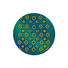 Yellow And Blue Proud Blooming Flowers Rubber Round Coaster (4 Pack) by pepitasart