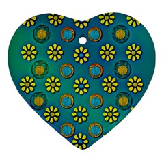 Yellow And Blue Proud Blooming Flowers Heart Ornament (two Sides) by pepitasart