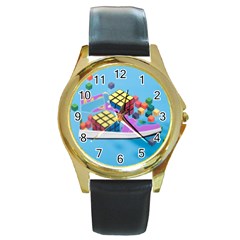 Floating-cubes-on-blue Backgrounderaser 20220422 203144521 Backgrounderaser 20220422 203216276 Round Gold Metal Watch by marthatravis1968