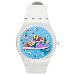 Floating-cubes-on-blue Backgrounderaser 20220422 203144521 Backgrounderaser 20220422 203216276 Round Plastic Sport Watch (m) by marthatravis1968