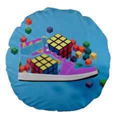 Floating-cubes-on-blue Backgrounderaser 20220422 203144521 Backgrounderaser 20220422 203216276 Large 18  Premium Flano Round Cushions by marthatravis1968