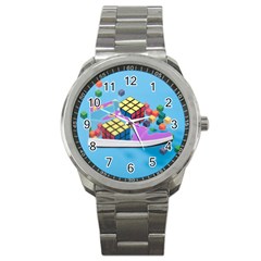 Floating-cubes-on-blue Backgrounderaser 20220422 203144521 Backgrounderaser 20220422 203216276 Sport Metal Watch by marthatravis1968