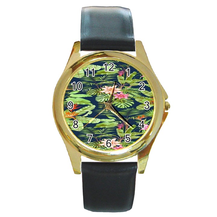 Flowers Pattern Round Gold Metal Watch