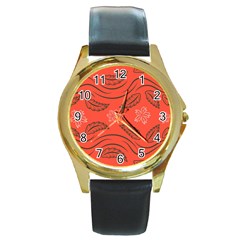 Folk Flowers Print Floral Pattern Ethnic Art Round Gold Metal Watch by Eskimos