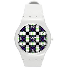 Agender Flag Plaid With Difference Round Plastic Sport Watch (m) by WetdryvacsLair