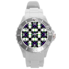 Agender Flag Plaid With Difference Round Plastic Sport Watch (l)