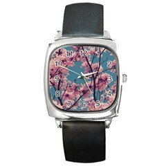 Colorful Floral Leaves Photo Square Metal Watch by dflcprintsclothing