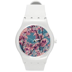 Colorful Floral Leaves Photo Round Plastic Sport Watch (m) by dflcprintsclothing