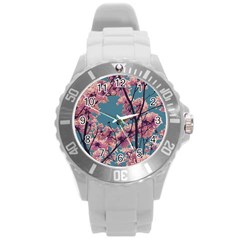 Colorful Floral Leaves Photo Round Plastic Sport Watch (l) by dflcprintsclothing