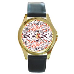 Folk Flowers Print Floral Pattern Ethnic Art Round Gold Metal Watch by Eskimos