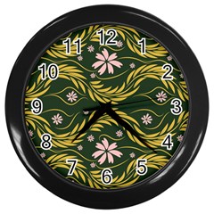 Folk Flowers Print Floral Pattern Ethnic Art Wall Clock (black) by Eskimos