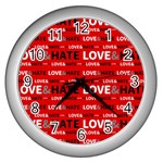 Love And Hate Typographic Design Pattern Wall Clock (Silver) Front