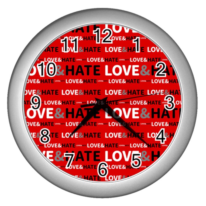 Love And Hate Typographic Design Pattern Wall Clock (Silver)