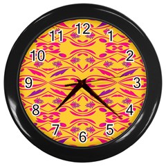 Folk Flowers Print Floral Pattern Ethnic Art Wall Clock (black) by Eskimos