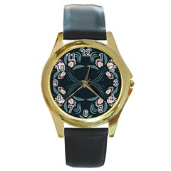 Folk Flowers Floral Art Print Flowers Abstract Art  Round Gold Metal Watch by Eskimos