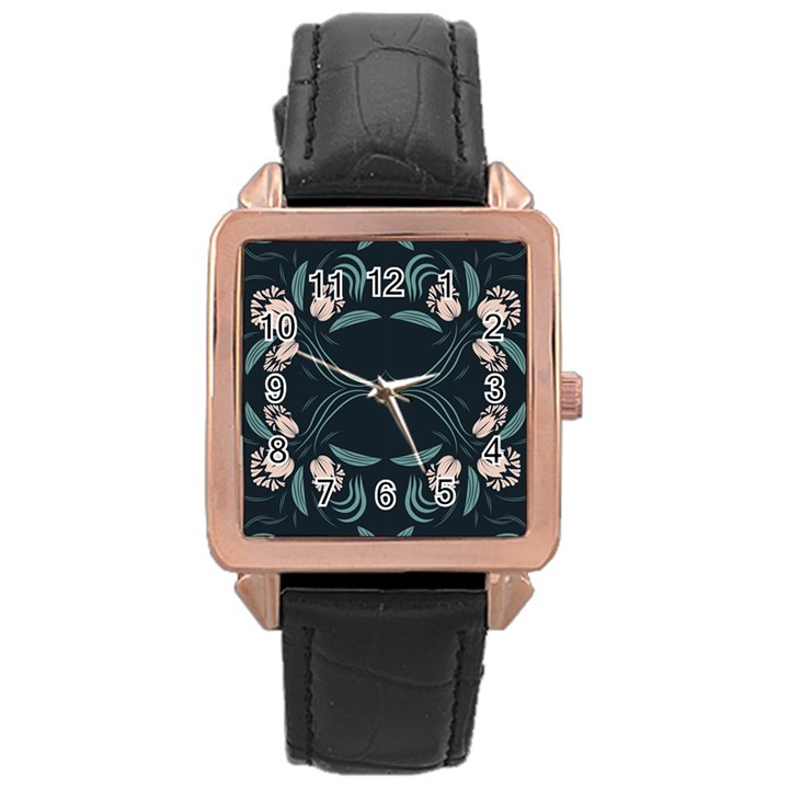 Folk flowers floral art print Flowers abstract art  Rose Gold Leather Watch 