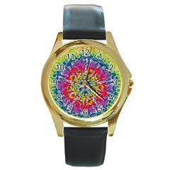 Rainbow Mushroom Mandala Round Gold Metal Watch by steampunkbabygirl