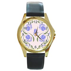 Folk Flowers Print Floral Pattern Ethnic Art Round Gold Metal Watch by Eskimos