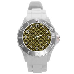 Tiled Mozaic Pattern, Gold And Black Color Symetric Design Round Plastic Sport Watch (l) by Casemiro