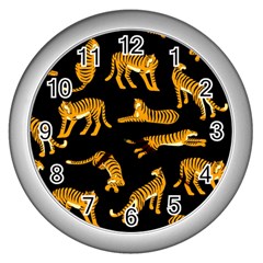 Seamless-exotic-pattern-with-tigers Wall Clock (silver)