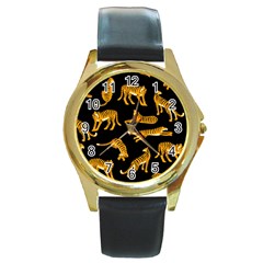 Seamless-exotic-pattern-with-tigers Round Gold Metal Watch