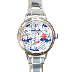 Nautical Cats Seamless Pattern Round Italian Charm Watch by Jancukart