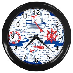 Nautical Cats Seamless Pattern Wall Clock (black)