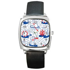 Nautical Cats Seamless Pattern Square Metal Watch by Jancukart