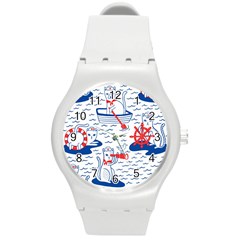 Nautical Cats Seamless Pattern Round Plastic Sport Watch (m) by Jancukart