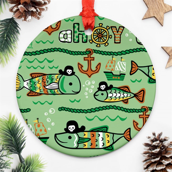 Seamless Pattern Fishes Pirates Cartoon Ornament (Round)