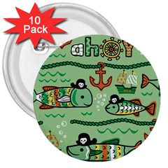 Seamless Pattern Fishes Pirates Cartoon 3  Buttons (10 Pack) 