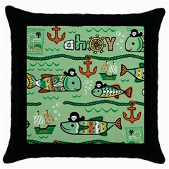 Seamless Pattern Fishes Pirates Cartoon Throw Pillow Case (black)